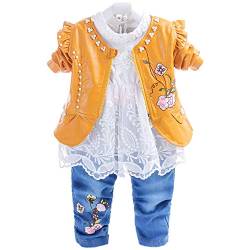 YYA Baby kleidung Baby Outfit Mädchen Babykleidung Set 3tlg Langarm T-Shirt Lederjacke und Jeanshose Weiche Babyset 6Monate-4Jahre (2-3J, Gelb-Blume) von YYA
