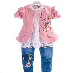 YYA Baby kleidung Baby Outfit Mädchen Babykleidung Set 3tlg Langarm T-Shirt Lederjacke und Jeanshose Weiche Babyset 6Monate-4Jahre (2-3J, Rosa-Blume) von YYA