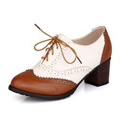 YYCHER Damen Vintage Leder Oxfords Brogue Budapester Schnürschuh Chunky High Heel Schuhe Kleid Pumps (Farbe: Braun, Größe: 37) von YYCHER