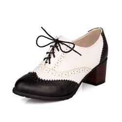 YYCHER Damen Vintage Leder Oxfords Brogue Budapester Schnürschuh Chunky High Heel Schuhe Kleid Pumps (Farbe: Schwarz, Größe: 37) von YYCHER