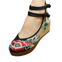 Frauen Schuhe Chinesische Tradition Knöchelriemen Lotus Flower Stickschuhe Floral Strappy Round Toe Platform Keile Schuhe von YYF