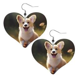 Corgi Puppy Prints Leder-Herz-Ohrringe mit Anhänger, stilvoll und schön, leicht, baumelnd für Damen und Mädchen, Einheitsgröße, Leder von YYHHAOFA