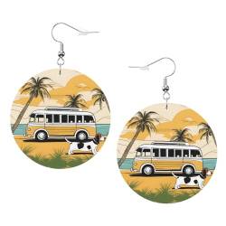Basset Hound Hund Sommer Bus Palmen Muster runde Ohrringe Anhänger 2 Stück stilvoll und schön leicht baumeln für Frauen Mädchen, Einheitsgröße, Leder von YYHWHJDE