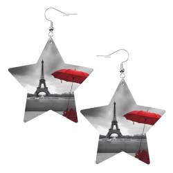 Eiffelturm mit rotem Regenschirm-Muster, Stern-Ohrringe, Anhänger, 2 Stück, stilvoll und schön, leicht, baumelnd für Damen und Mädchen, Einheitsgröße, Leder von YYHWHJDE