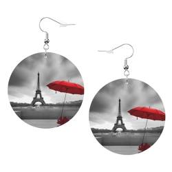 Eiffelturm mit rotem Regenschirm-Muster, runde Ohrringe, Anhänger, 2 Stück, stilvoll und schön, leicht, baumelnd für Damen und Mädchen, Einheitsgröße, Leder von YYHWHJDE