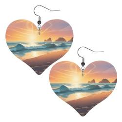 Herz-Ohrringe mit Sonnen-Ozean-Strand-Muster, 2 Stück, stilvoll und schön, leicht, baumelnd für Frauen und Mädchen, Einheitsgröße, Leder von YYHWHJDE