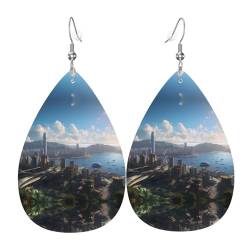 Overlooking Hong Kong Picture Teardrop Earrings Pendant 2 pieces Stylish and beautiful Lightweight Dangle for Women Girls, Einheitsgröße, Leder von YYHWHJDE