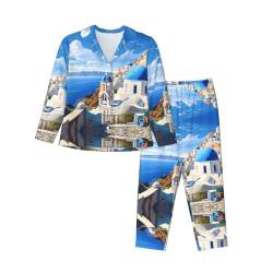 YYHWHJDE Damen-Pyjama-Set Santorini, griechische Insel, Meer, Bildgröße: Der Stoff ist weich, atmungsaktiv und bequem, Schwarz , 42 von YYHWHJDE