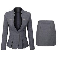 YYNUDA Anzug Set Damen Blazer mit Rock/Hose Slim Fit Hosenanzug Elegant Business Outfit für Office L Dunkelgrau+Rock von YYNUDA