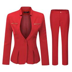 YYNUDA Anzug Set Damen Blazer mit Rock/Hose Slim Fit Hosenanzug Elegant Business Outfit für Office Rot+Hose L von YYNUDA