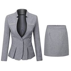 YYNUDA Anzug Set Damen Blazer mit Rock/Hose Slim Fit Hosenanzug Elegant Business Outfit für Office XS Hellgrau+Rock von YYNUDA