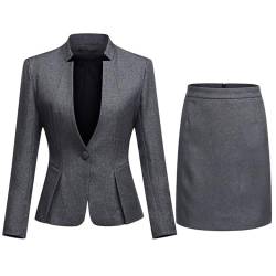 YYNUDA Damen Anzug 2-teilig Stehkragen EIN Knopf Hosenanzug Set solide Farbe Business Blazer + Rock Grau L von YYNUDA