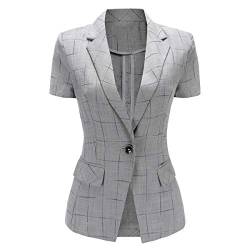 YYNUDA Damen Blazer Kurzarm Kariert Slim Fit Anzugjacke Karo mit Reverskragen Elegant Sommer Grau XS von YYNUDA