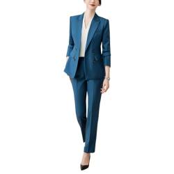 YYNUDA Damen Hosenanzug Business Elegant Anzug Set Zweireiher-Anzug Büro Blazer 2-teilig Anzug Blau L von YYNUDA