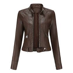 YYNUDA Damen Lederjacke Kurz Bikerjacke Reverskragen Reißverschluss Leder Jacke Lackleder Übergangsjacke Kurze（Kaffee 3XL） von YYNUDA