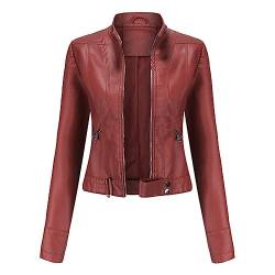 YYNUDA Damen Lederjacke Kurz Bikerjacke Reverskragen Reißverschluss Leder Jacke Lackleder Übergangsjacke Kurze（Rot 3XL） von YYNUDA