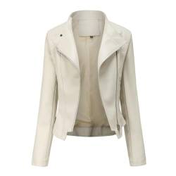 YYNUDA Damen Lederjacke Kurz Bikerjacke Reverskragen Reißverschluss Leder Jacke Übergangsjacke Kurze Jacke Beige 3XL von YYNUDA