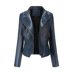 YYNUDA Damen Lederjacke Kurz Bikerjacke Reverskragen Reißverschluss Leder Jacke Übergangsjacke Kurze Jacke Blau S von YYNUDA