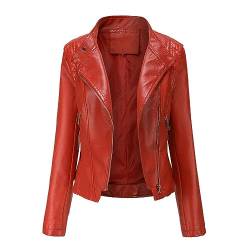 YYNUDA Damen Lederjacke Kurz Bikerjacke Reverskragen Reißverschluss Leder Jacke Übergangsjacke Kurze Jacke Rot XL von YYNUDA