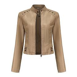 YYNUDA Damen Lederjacke Kurz Bikerjacke Stehkragen Reißverschluss Leder Jacke Übergangsjacke für Herbst Frühling（Beige 3XL） von YYNUDA