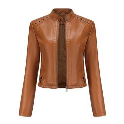 YYNUDA Damen Lederjacke Kurz Bikerjacke Stehkragen Reißverschluss Leder Jacke Übergangsjacke für Herbst Frühling（Braun XS） von YYNUDA