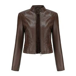 YYNUDA Damen Lederjacke Kurz Bikerjacke Stehkragen Reißverschluss Leder Jacke Übergangsjacke für Herbst Frühling（Kaffee 3XL） von YYNUDA