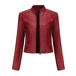 YYNUDA Damen Lederjacke Kurz Bikerjacke Stehkragen Reißverschluss Leder Jacke Übergangsjacke für Herbst Frühling（Rot L） von YYNUDA