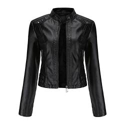 YYNUDA Damen Lederjacke Kurz Bikerjacke Stehkragen Reißverschluss Leder Jacke Übergangsjacke für Herbst Frühling（Schwarz L） von YYNUDA