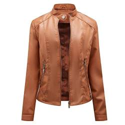 YYNUDA Damen Lederjacke mit Stehkragen PU-jacke Flieger Motorrad schicke Retro Übergangsjacke Braun XL von YYNUDA