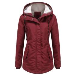 YYNUDA Damen Parka Winterjacke Lang mit Fell Kapuze warm gefüttert Slim Fit Mantel Outdoor Jacke für Winter, Rot, 3XL von YYNUDA