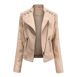 YYNUDA Lederjacke Damen Kurz Bikerjacke Reverskragen Motoradjacke Leder Jacke Übergangsjacke für Frühling Herbst（Beige L） von YYNUDA