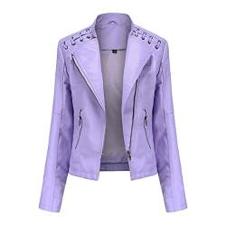 YYNUDA Lederjacke Damen Kurz Bikerjacke Reverskragen Motoradjacke Leder Jacke Übergangsjacke für Frühling Herbst（Lila1 XL） von YYNUDA