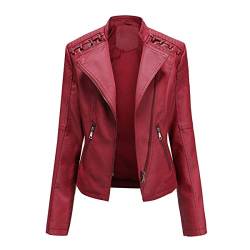 YYNUDA Lederjacke Damen Kurz Bikerjacke Reverskragen Motoradjacke Leder Jacke Übergangsjacke für Frühling Herbst（Rot 3XL） von YYNUDA