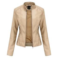YYNUDA Lederjacke Damen Kurz Jacke Übergangsjacke aus Kunstleder mit Reißverschluss für Herbst（N767 Beige 4XL） von YYNUDA
