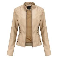 YYNUDA Lederjacke Damen Kurz Jacke Übergangsjacke aus Kunstleder mit Reißverschluss für Herbst（N767 Beige L） von YYNUDA