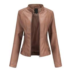YYNUDA Lederjacke Damen Kurz Jacke Übergangsjacke aus Kunstleder mit Reißverschluss für Herbst（N767 Braun L） von YYNUDA