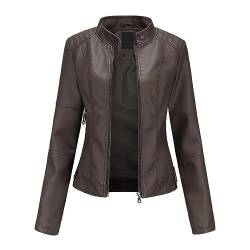 YYNUDA Lederjacke Damen Kurz Jacke Übergangsjacke aus Kunstleder mit Reißverschluss für Herbst（N767 Kaffee 4XL） von YYNUDA