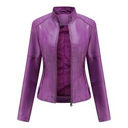 YYNUDA Lederjacke Damen Kurz Jacke Übergangsjacke aus Kunstleder mit Reißverschluss für Herbst（N767 Lila XL） von YYNUDA