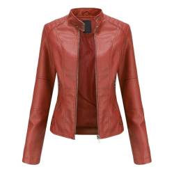 YYNUDA Lederjacke Damen Kurz Jacke Übergangsjacke aus Kunstleder mit Reißverschluss für Herbst（N767 Rot 3XL） von YYNUDA