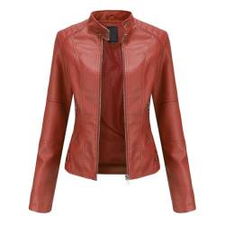 YYNUDA Lederjacke Damen Kurz Jacke Übergangsjacke aus Kunstleder mit Reißverschluss für Herbst（N767 Rot 4XL） von YYNUDA