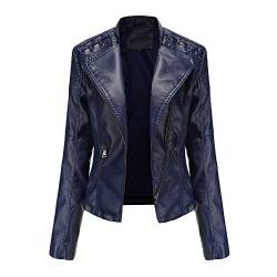 YYZYY Damen Lederjacke Kurz Kunstlederjacke Reißverschluss Slim Fit Jacke Übergangsjacke Female Leather Jacket (Dunkelblau,L) von YYZYY