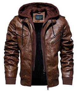 YYZYY Herren Jacke Mit Kapuze Kunst- Lederjacke Bikerjacke Biker Übergangsjacke Abnehmbare Kapuze (Braun,L) von YYZYY