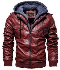 YYZYY Herren Jacke Mit Kapuze Kunst- Lederjacke Bikerjacke Biker Übergangsjacke Abnehmbare Kapuze (Rot,L) von YYZYY