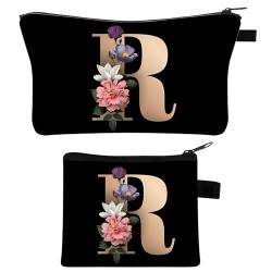 2 Stück Personalisierte Make Up Tasche, Geschenke für Freundin Mütter, A-Z Personalisierte Damen Kosmetiktasche, Geburtstagsgeschenke für Frauen, Beste Freundin, Initiale Schminktäschchen (R) von YZDMDM