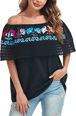 YZXDORWJ Damen Mexikanische bestickte Schulterfreie Bluse Spitze Falbala Top typisch mexikanische Bluse, 346bk, X-Groß von YZXDORWJ