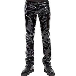 Herren Slim Fit Soft PU Faux Leder Biker Hose Trachtenlederhose Lederhosen,Enge Hosen für Herren Jeans Style in PVC Schwarz Classic Fly Front (M) von YZYP