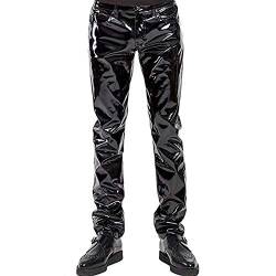 Herren Slim Fit Soft PU Faux Leder Biker Hose Trachtenlederhose Lederhosen,Enge Hosen für Herren Jeans Style in PVC Schwarz Classic Fly Front (XXL) von YZYP