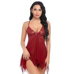 YaShaer Negligee Damen Dessous für Frauen Spitze Babydoll Lingerie Kleid V Ausschnitt Nachtwäsche Set Reizwäsche Sleepwear, Rot, M von YaShaer