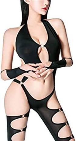 Damen Sexy Kleid Vertikal Cut Out Cosplay Bodysuit Sheer Bodysuit Bodycon Strampler (schwarz) von Yaaapiy