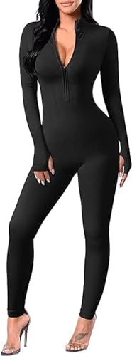 Damen Sport Jumpsuit Lang Eng Yoga Overall Langarm V-Ausschnitt Playsuits mit Reißverschluss Jogging Strampler Hosenanzug Trainingsanzug von Yaaapiy